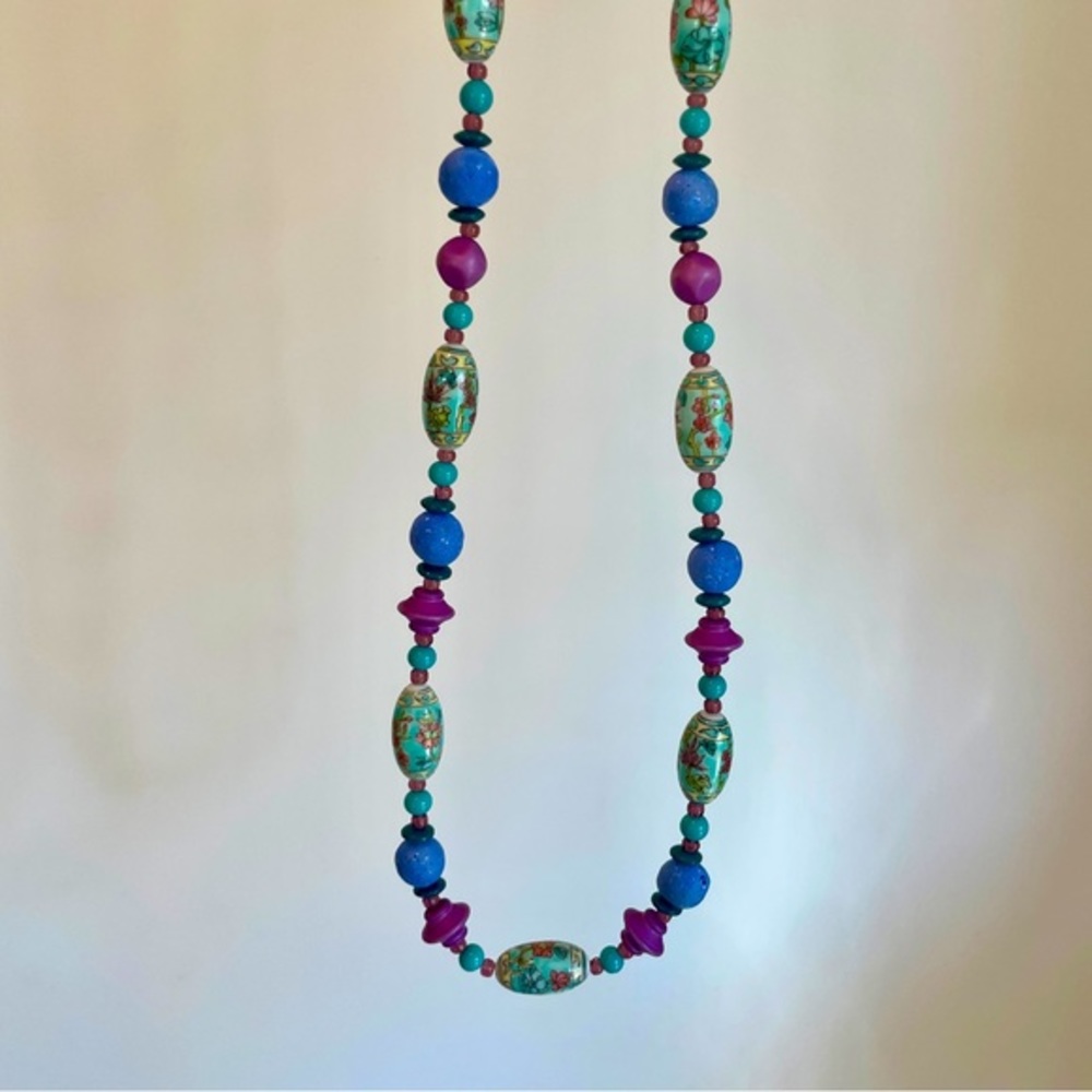 Vintage Chinese Porcelain Hand Painted Necklace Floral Silk Teal Purple Enamel - Picture 7 of 7